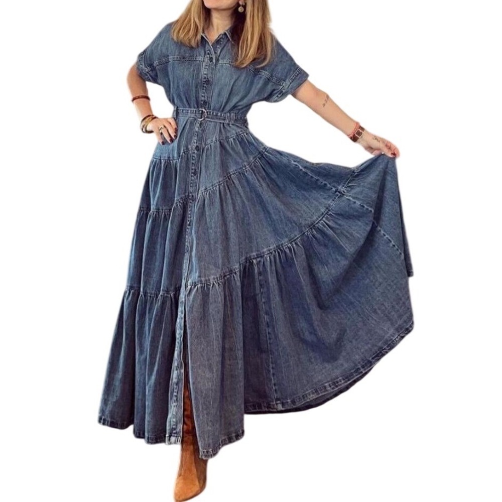 Zara ZW Collection Denim Maxi Dress Blue Tiered Shirtdress XL